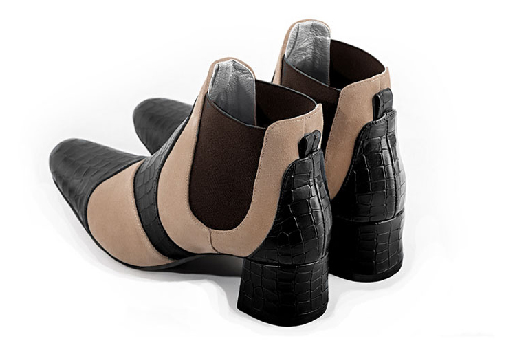 Satin black, tan beige and dark brown women's ankle boots, with elastics. Round toe. Low flare heels. Rear view - Florence KOOIJMAN